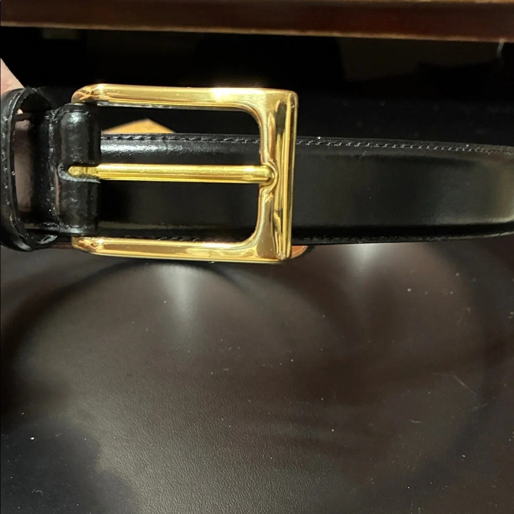 Men's vintage Black Leather Belt with Gold Buckle